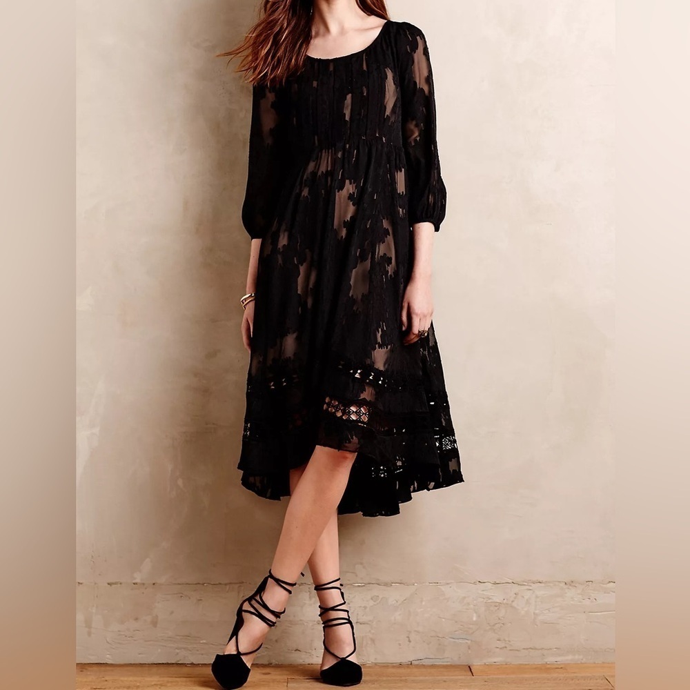 Anthropologie Maeve Iniga Swing Midi Dress Lace Black/Nude 3/4 Sleeve Size 0